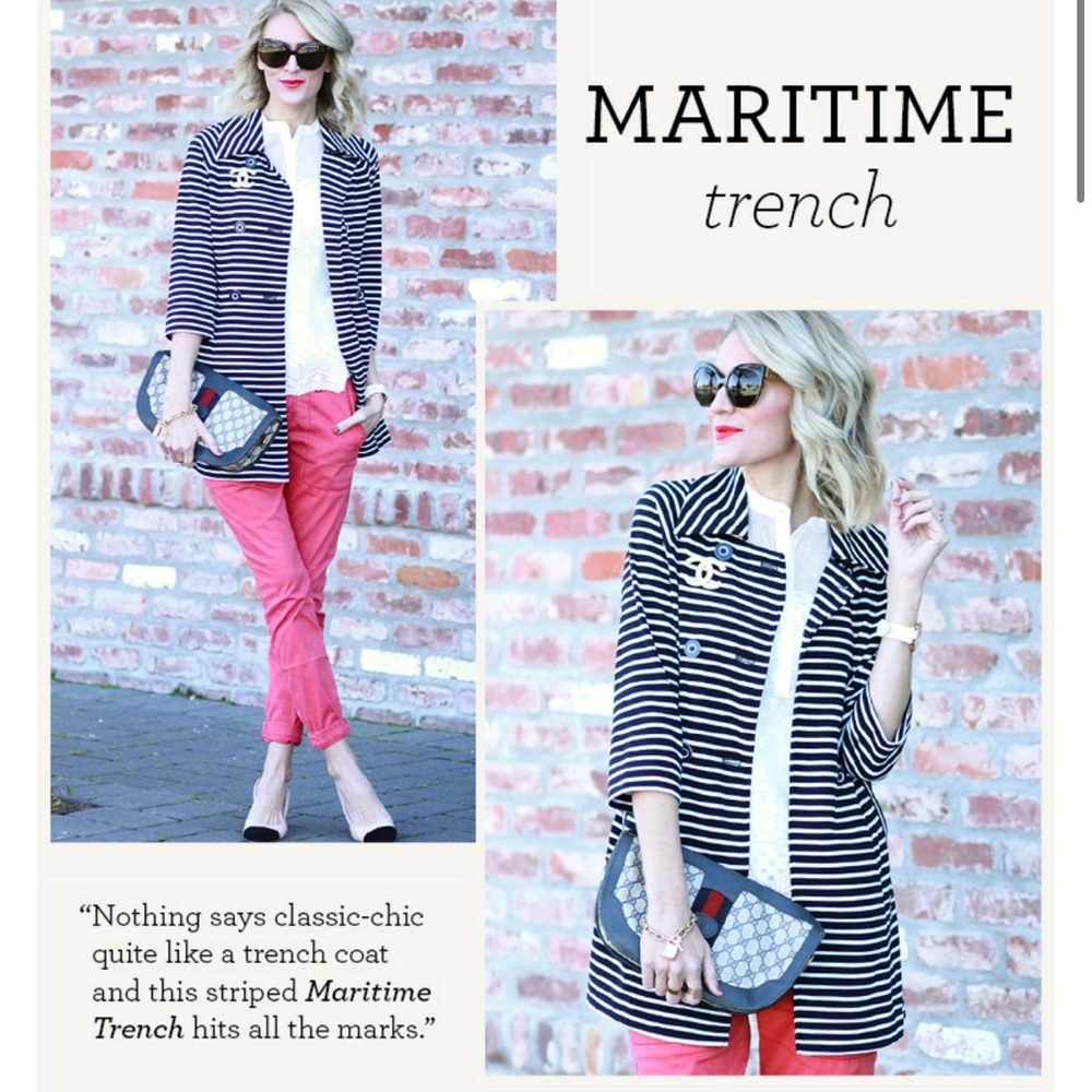 CAbi Maritime Trench Coat Blue & White Striped Nautical Jacket Style 5151 Medium